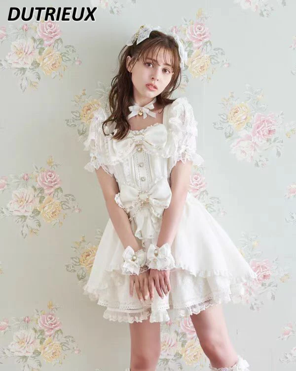 Japanese Cute Girl Mass-produced Square Neck Short-sleeved Slim-fit Dress Sweet Bow Lace Ruffle Edge Dresses and Base Skirt lolita dress lolita suspender dress lolita cosplay costumes suspender dress lolita skirt lolita blouses