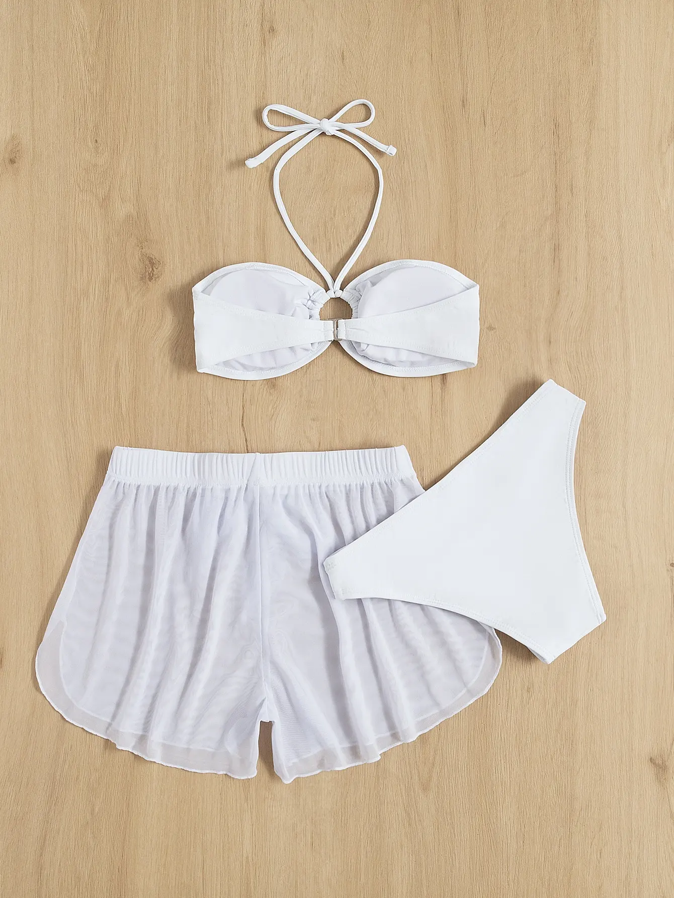 3 Pieces Ring Linked Bikini Women & Cover Up Shorts Swimwear Female Bandeau Swimsuit Beachwear Bathing Swimming Suit Summer