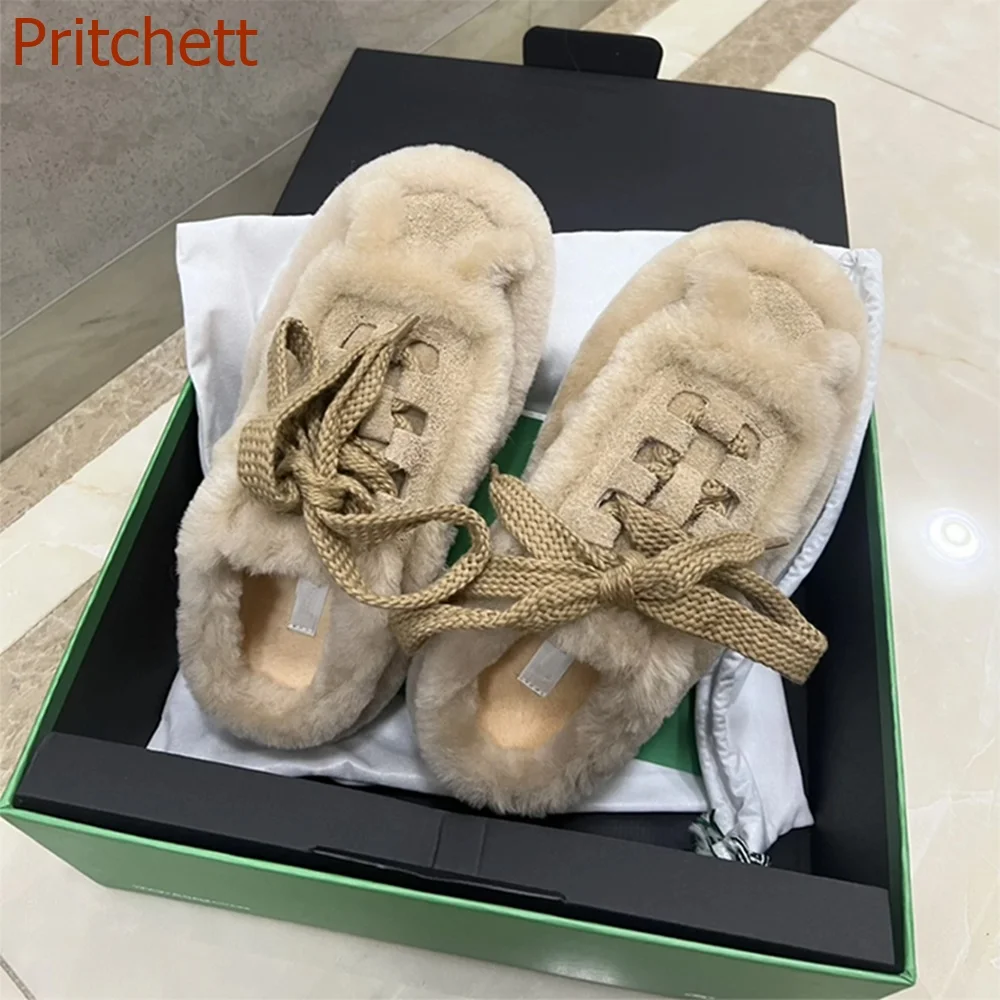 

Round Toe Mixed Color Women Shoes Fur Flat Sole Autumn Winter Women Shoes Cross Tied Lace Up Fashion Casual 2023 New Arrivals