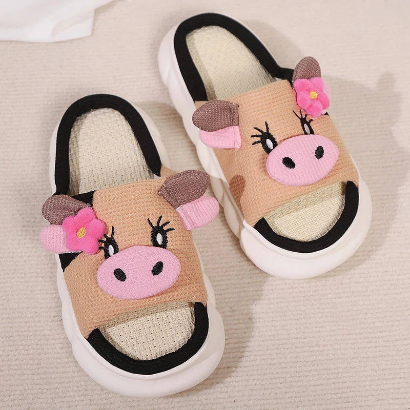 Cute Cow Thick Bottom Linen Slippers Women 2024 Winter Comfort Home Cotton Slippers Woman Flat Heels Non Slip Indoor Shoes Slide — view 5