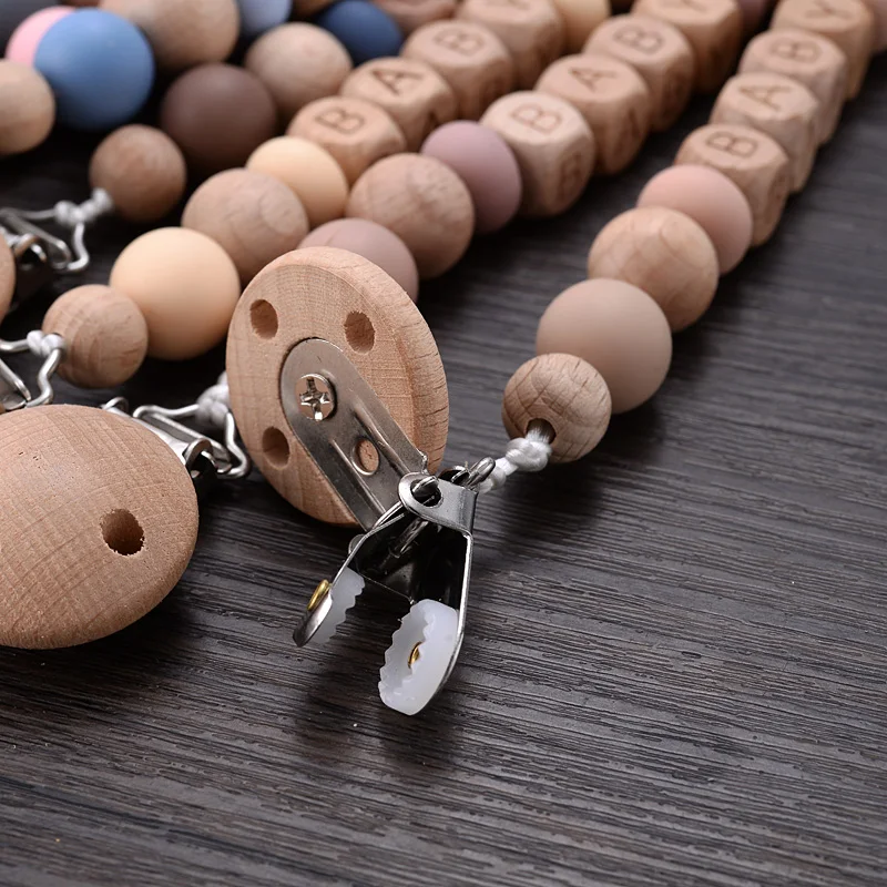 New Wooden Beech Letter Beads Baby Pacifier Clips Silicone Beads Anti-Lost Pacifier Chain for Dummy Nipple Holder 6