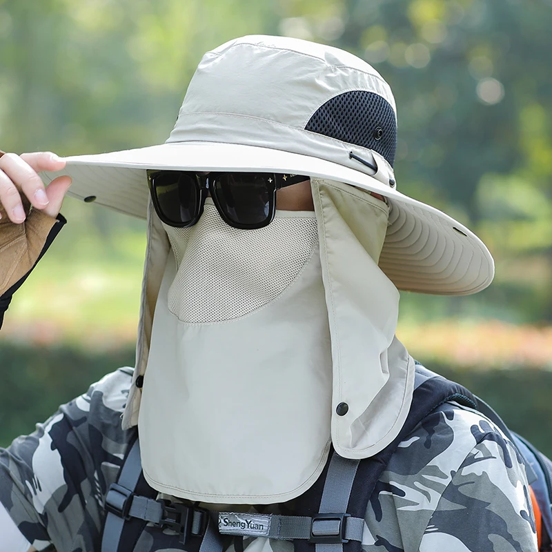 Sun Hat Men&rsquo;s Summer Large Brim Mountaineering Fishing Outdoor Sun Protection Removable Mask