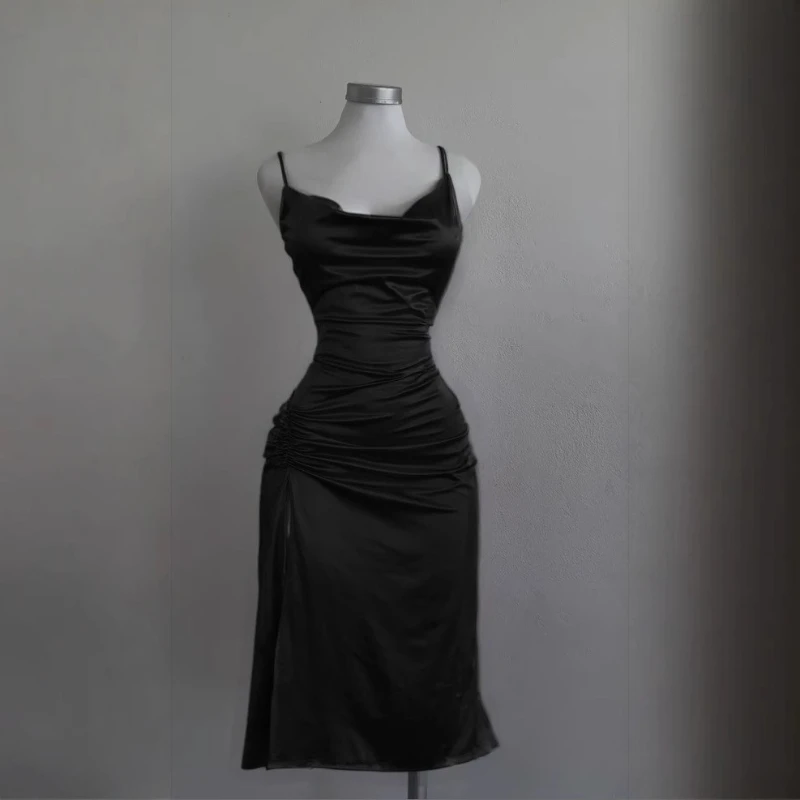 Spring and Summer New Women's Suspender Dress Fashionable Y2k Backless Solid Color Puckered Split Sexy Sleeveless Slim Hip Dress