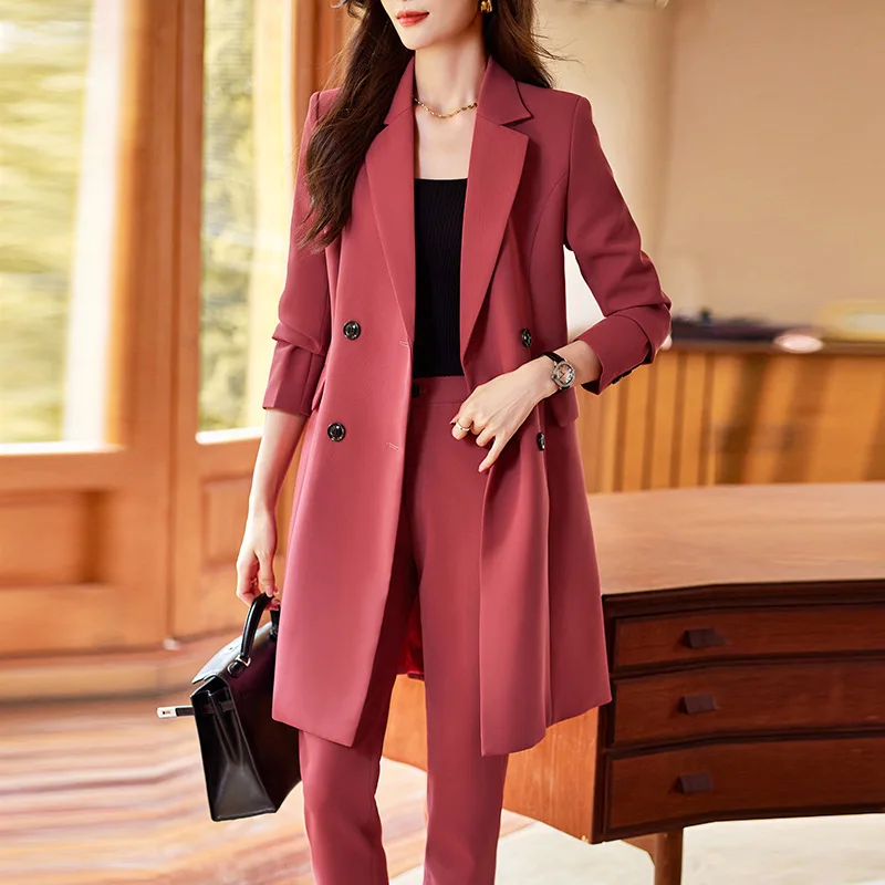 

High Quality Fabric Autumn Winter Women Middle Long Windbreaker Outwear Elegant OL Styles Professional Office Work Wear Blazers