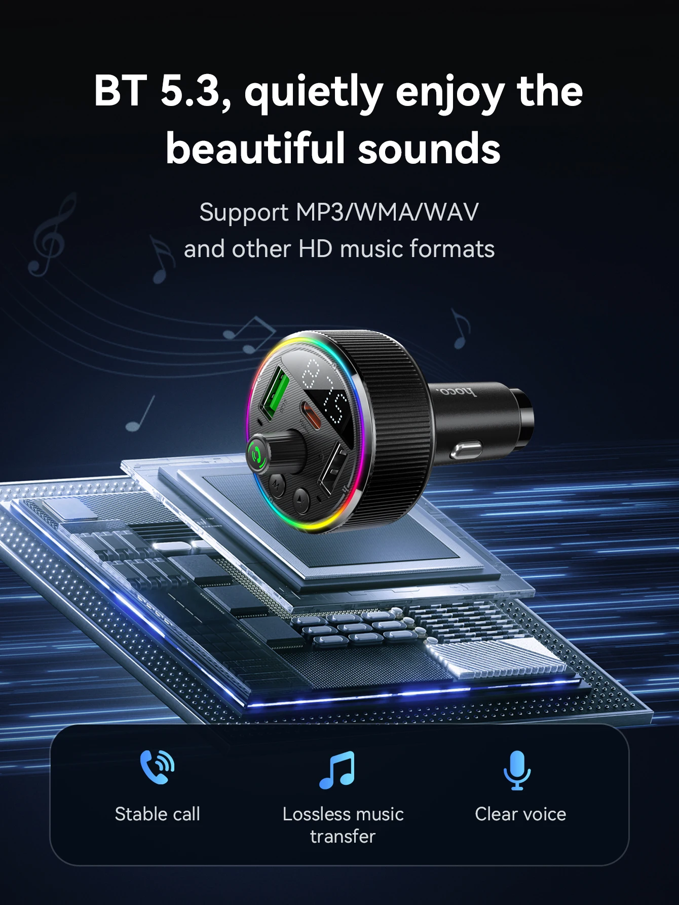 HOCO E82 48W Bluetooth 5.3 Car FM Transmitter with PD30W & QC3.0
