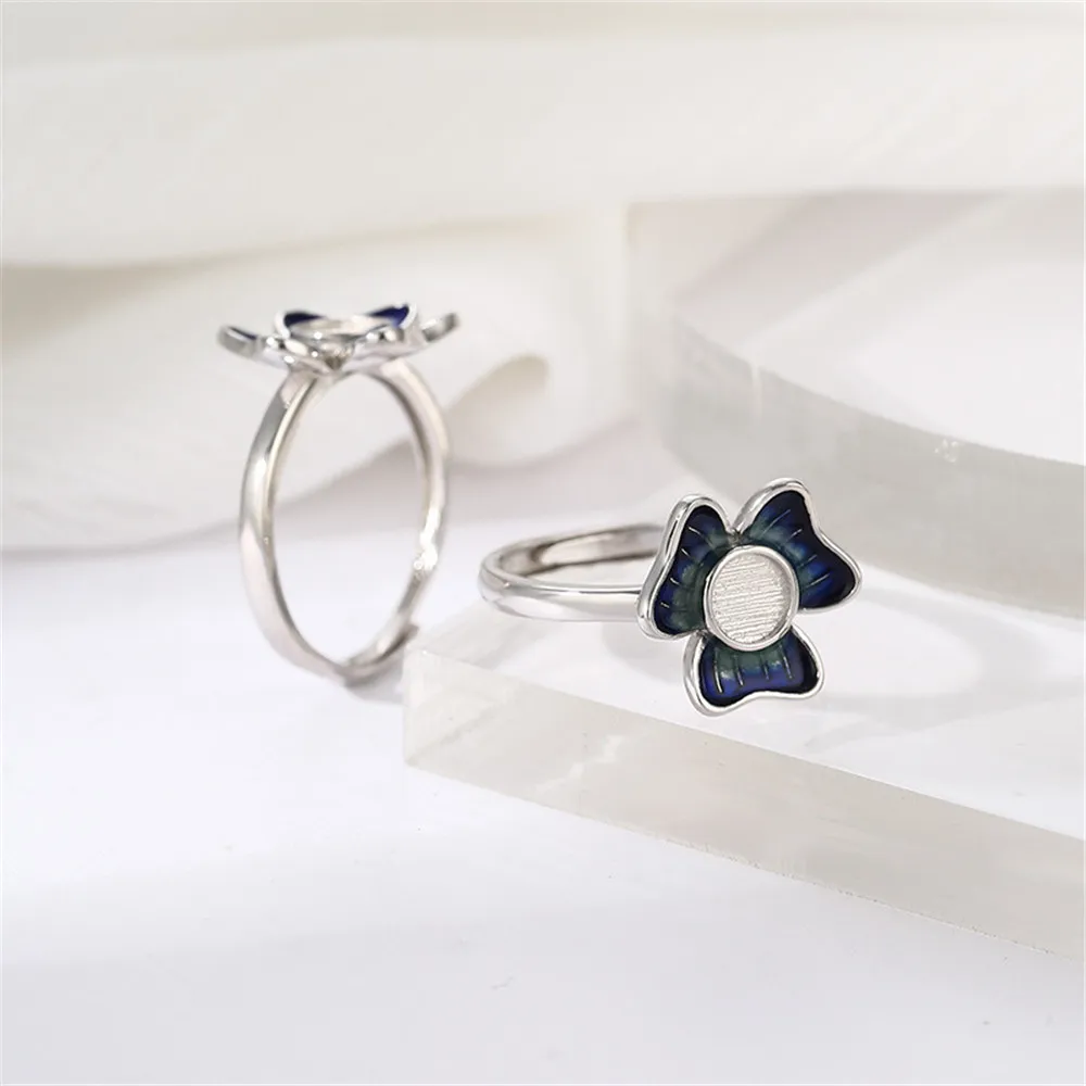 Ring Setting for 5x5mm Round Cabochons Flower Shape Ring Base White Gold Plated 925 Silver Enamel Adjustable Ring Blank RB435S
