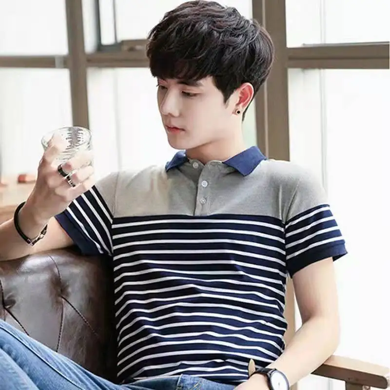 

Fashion Loose Button Spliced Striped Polo Shirts Men's Clothing 2023 Summer New Oversized Casual Pullovers All-match Tee Shirt