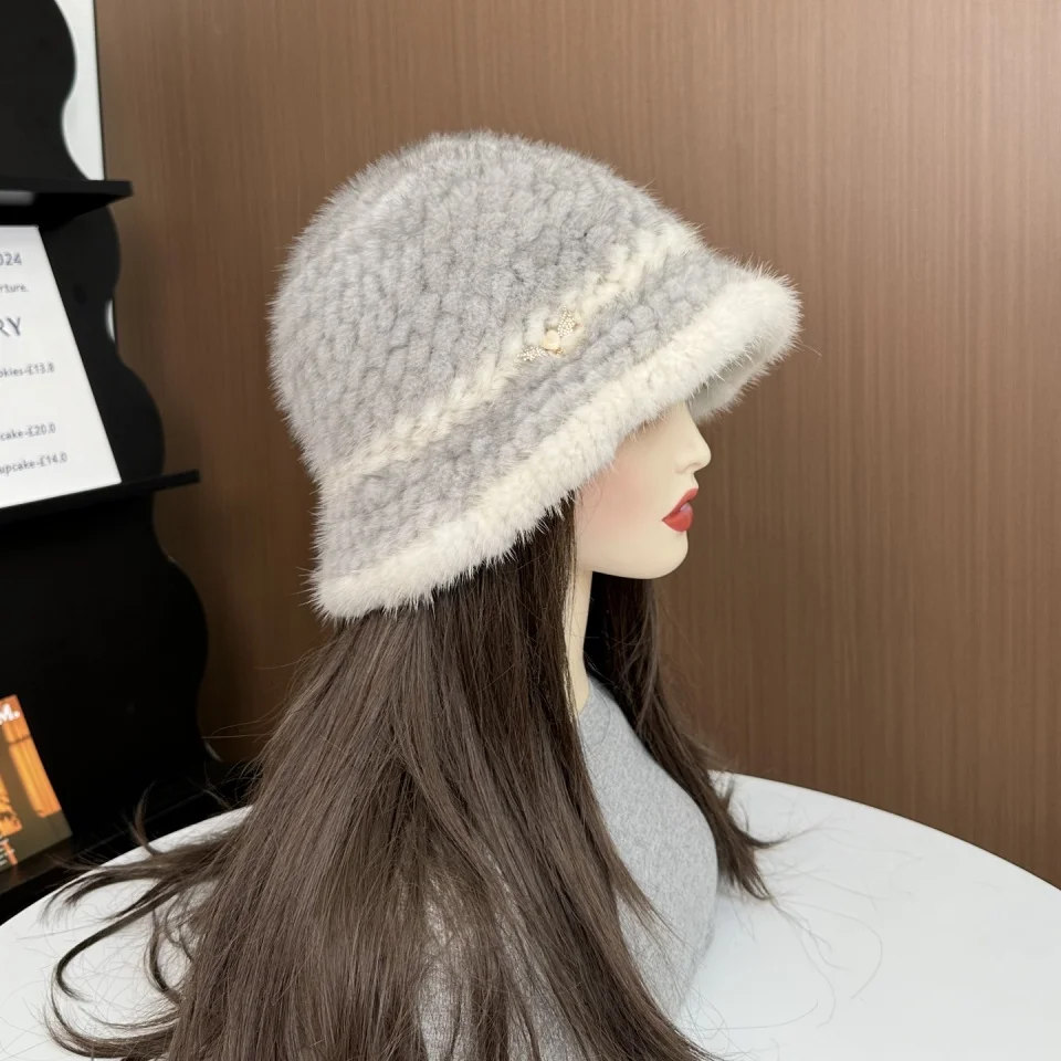Damen-Mütze aus echtem Nerzfell, elegant, für den Winter, warm, Gehörschutz, Fischermütze, schicker Stil, Geschenk-Eimerhut – Detail 8