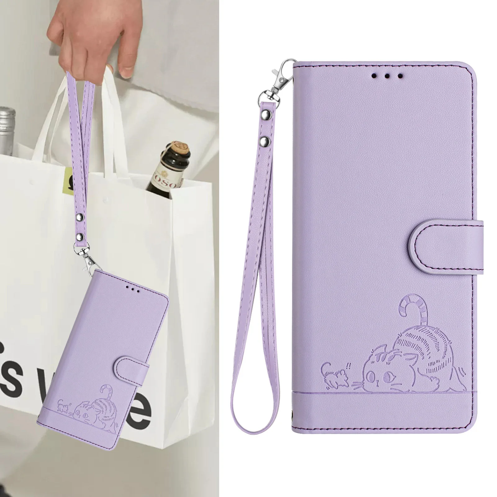 Charming Cat Crossbody Leather Wallet Phone Case with Lanyard and Card Slots