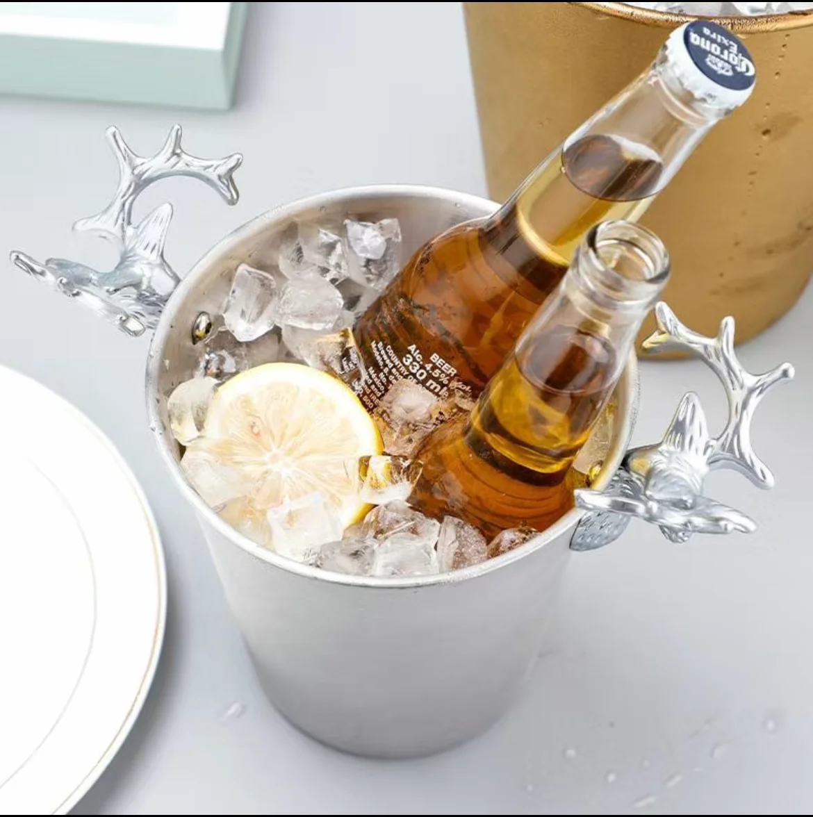 Stainless Steel Ice Barrel, Gold Deer Head, KTV Wine Chiller, Bottle Cooler, European Style Champagne Barrel