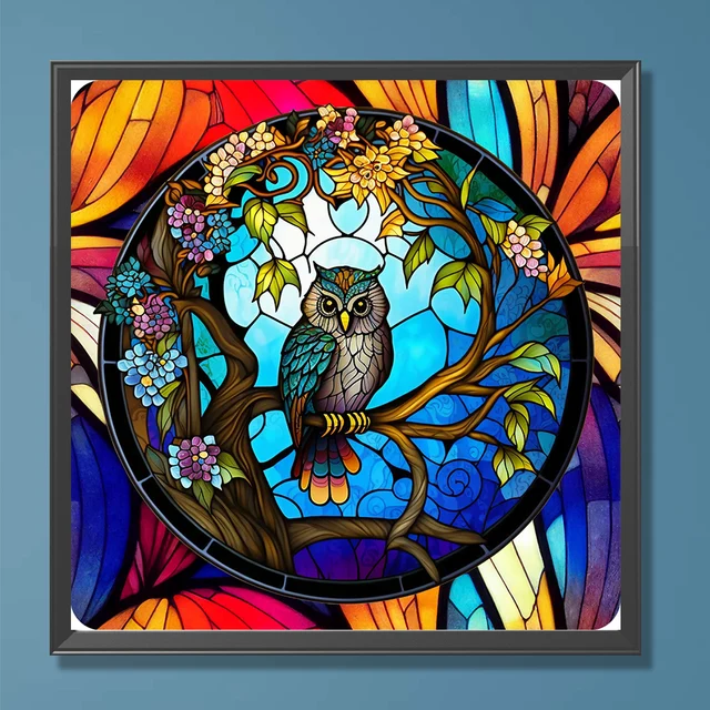 5D DIY Full Round Drill Diamond Painting Stained Glass Owl Kit