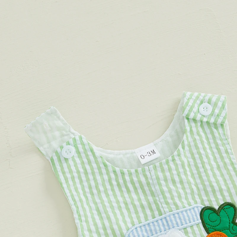 Infant Baby Girls Boys Easter Rompers Striped Bunny Truck Carrot Embroidery Crew Neck Sleeveless SpringJumpsuit Bunny Overalls 5