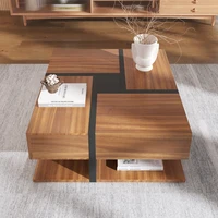 ​ ​ Table basse moderne de 78 cm avec bois chaud - Rangement à 4 tiroirs à deux niveaux avec design géométrique pour un salon élégant ​ ​ ﻿ 3