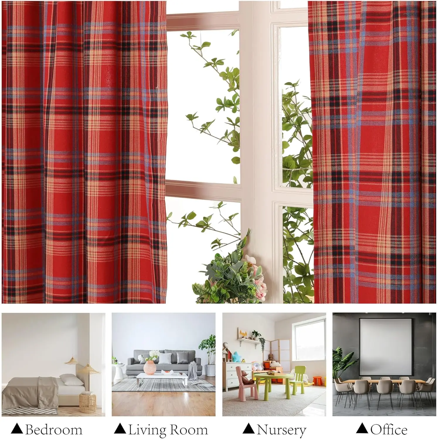 Christmas Check Plaid Curtains Semi-Blackout Windows Curtains for Bedroom Drapes in Living Room Red&green Farmhouse Home Decor 4