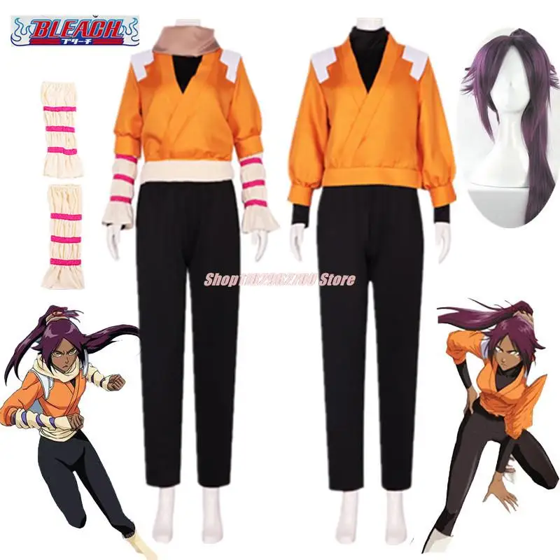 

Anime Bleach Shihouin Yoruichi Cosplay Costume Gotei 13 Captain Combat Yellow Short Long Uniform Sets Anime Women Wig Headgear