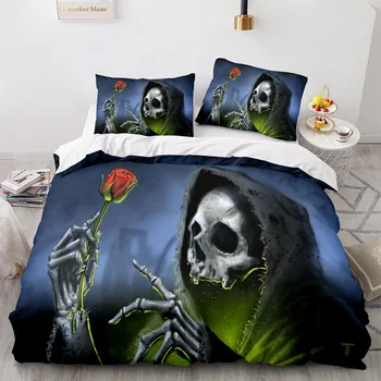 Skull Skeleton Red Floral Print Bedding Set