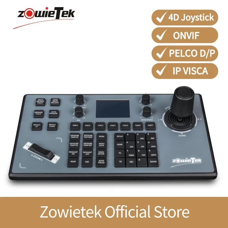 

Zowietek PTZ IP Camera Controller | PTZ Network Keyboard | 4D Joystick with Visca PELCO-D/P | RS232 RS422 LCD Screen