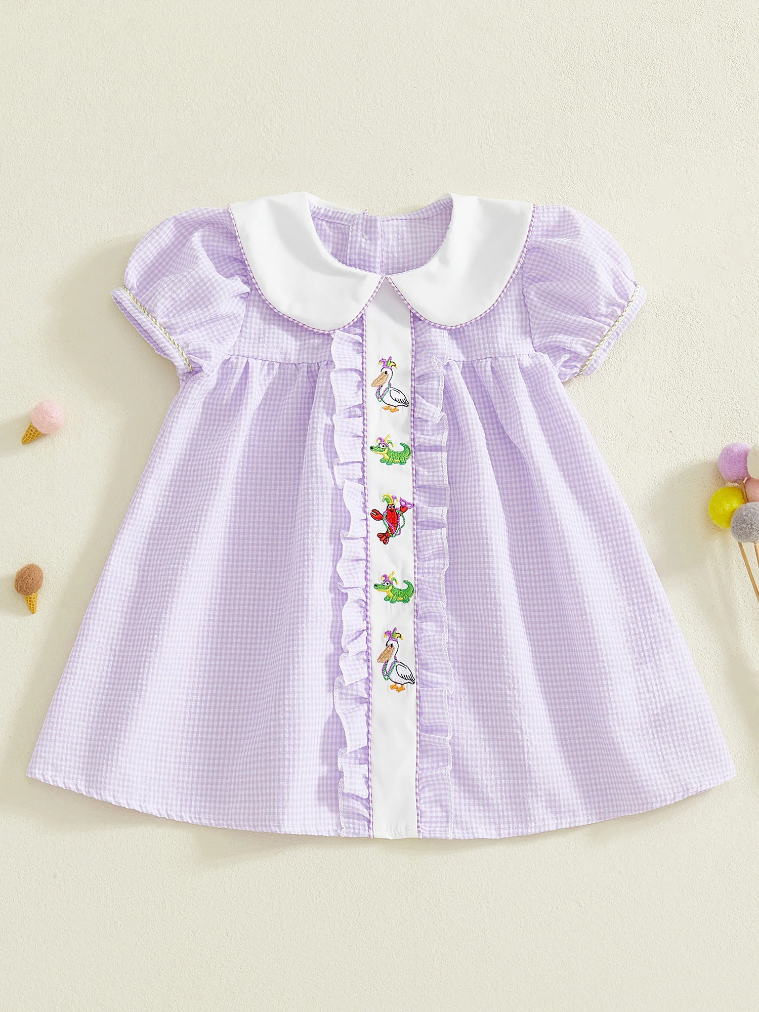 Girls Summer Dress Short Sleeve Doll Collar Floral Embroidery Princess Party Dress for Kids Carnival Costume