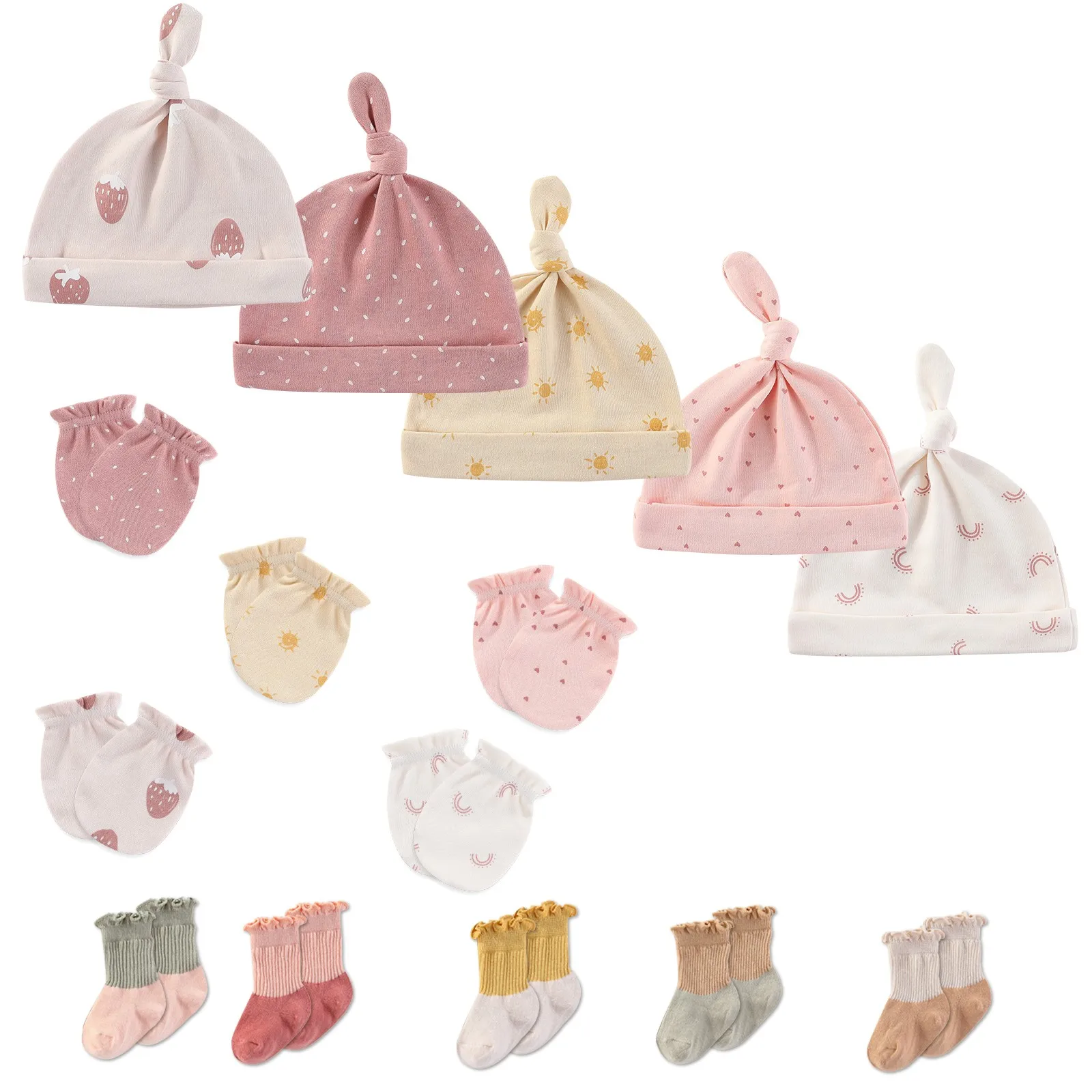 15Pieces New Born Hats+Gloves+Socks Sets 100%Cotton Cartoon Baby Girl Boy Headwear 0-6M Solid Color Infant Supplies Accessories