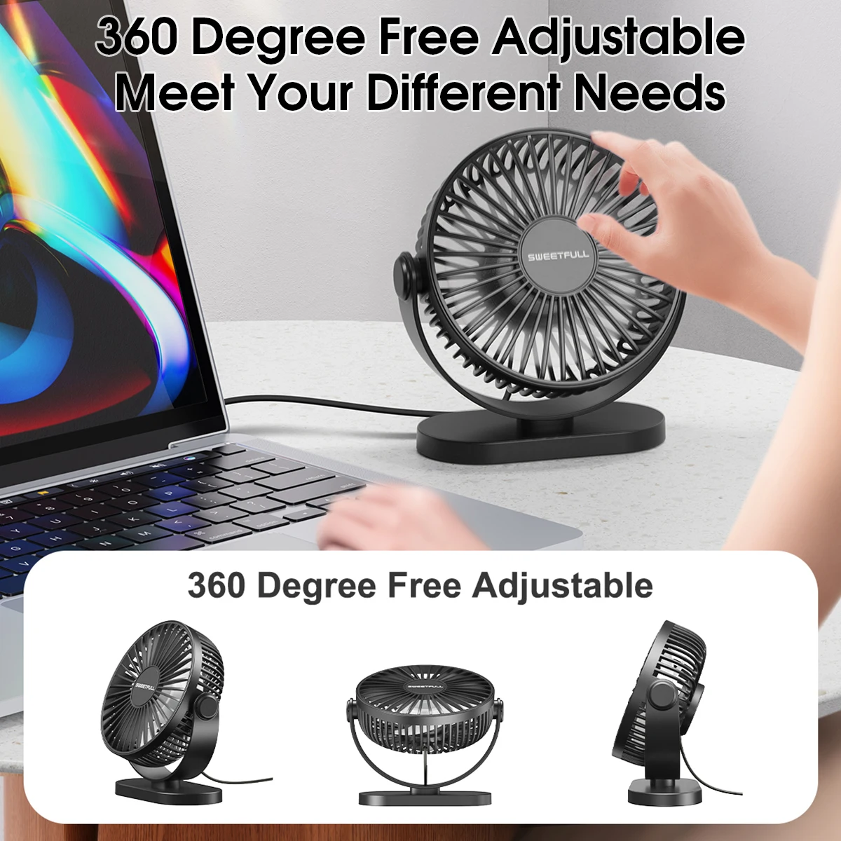 Mini Portable Fan USB Desk Fan Table Strong Airflow &Quiet Operation 3 Speed Wind 360°Rotatable Standing fans for Room Home 5