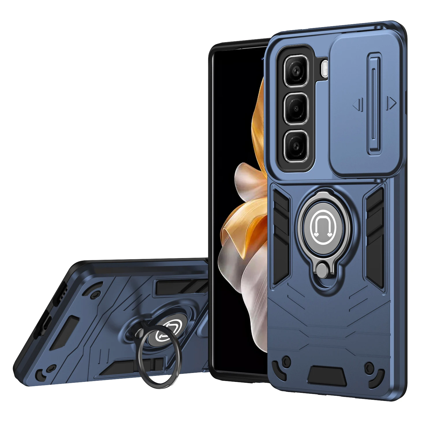 Hybrid Armor Shockproof Phone Case with Sliding Window and Metal Ring Holder