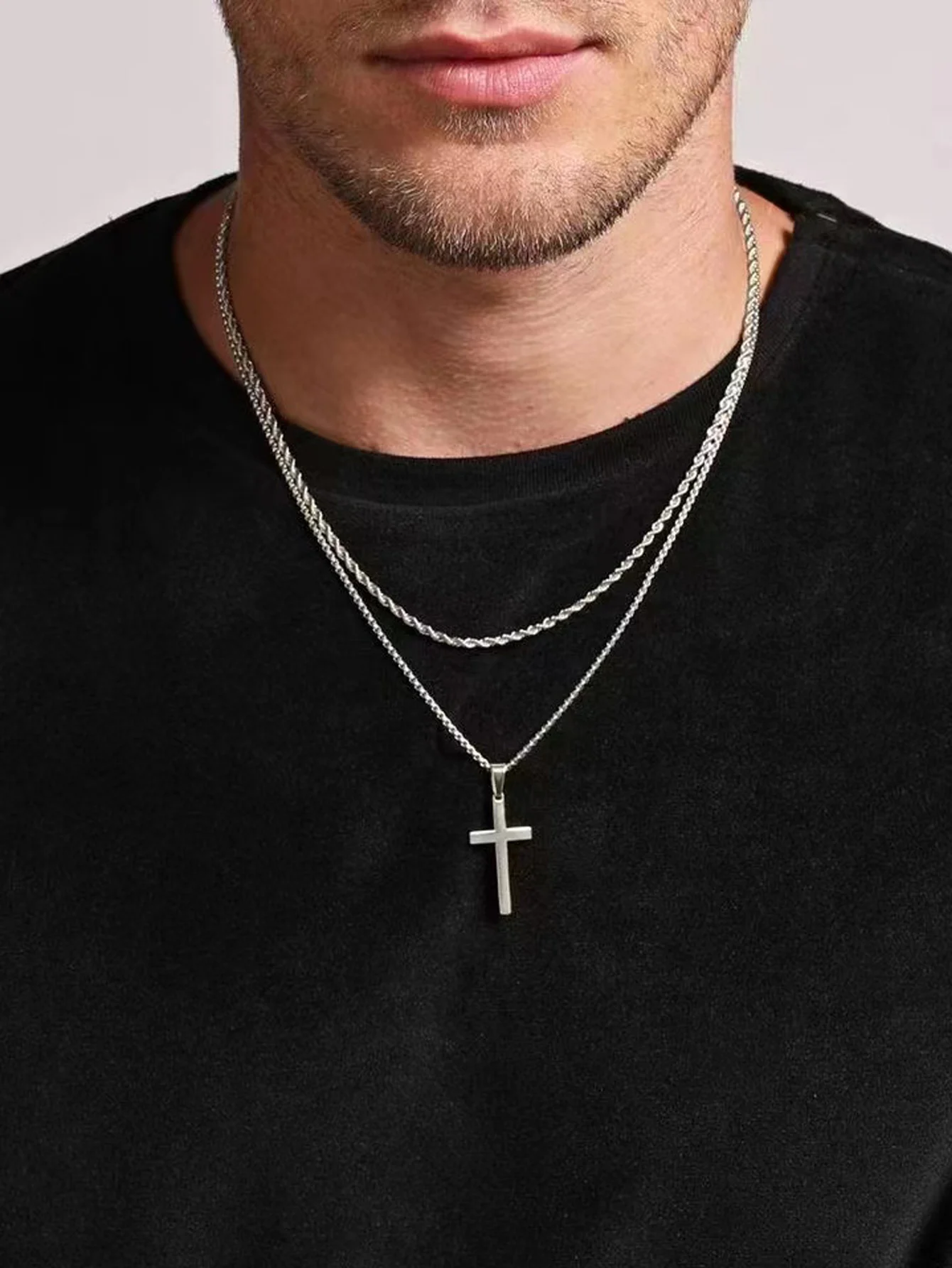 2PCS Stainless Steel Cross Knot Rope Chain Casual Men Jewelry