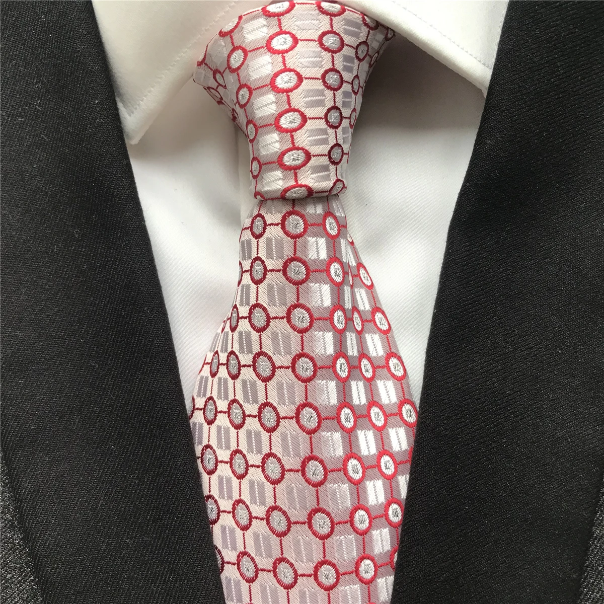 

10 cm Width New Design Men's Ties Jacquard Woven Neck Tie Pink with Dots Checkers Pattern Gravata Neckties