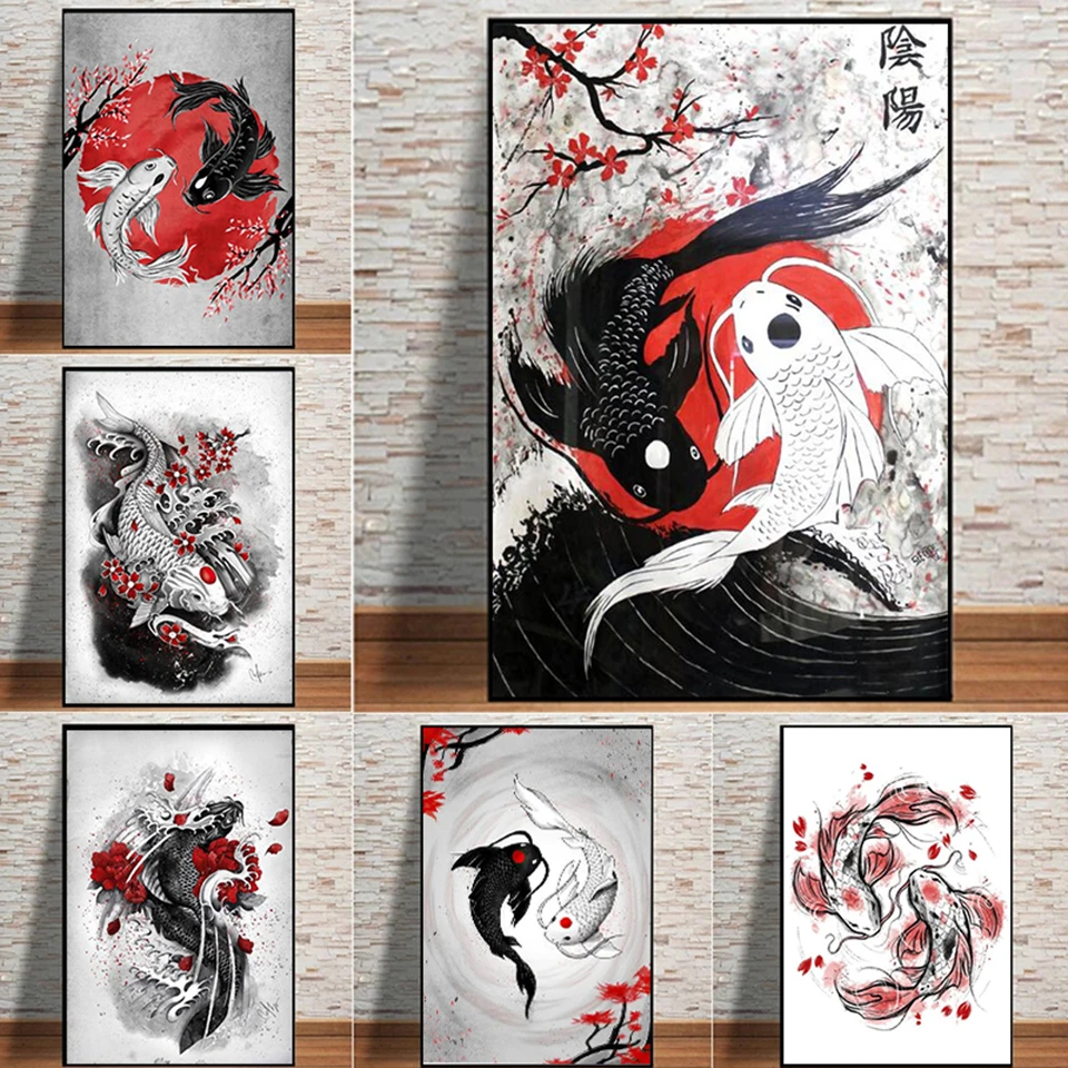 Black White Koi Fishes 5D Diy Diamond Painting Cross Stitch Diamond Embroidery Japanese Yin Yang Fish Mosaic Rhinestones D209 erotic diamond painting