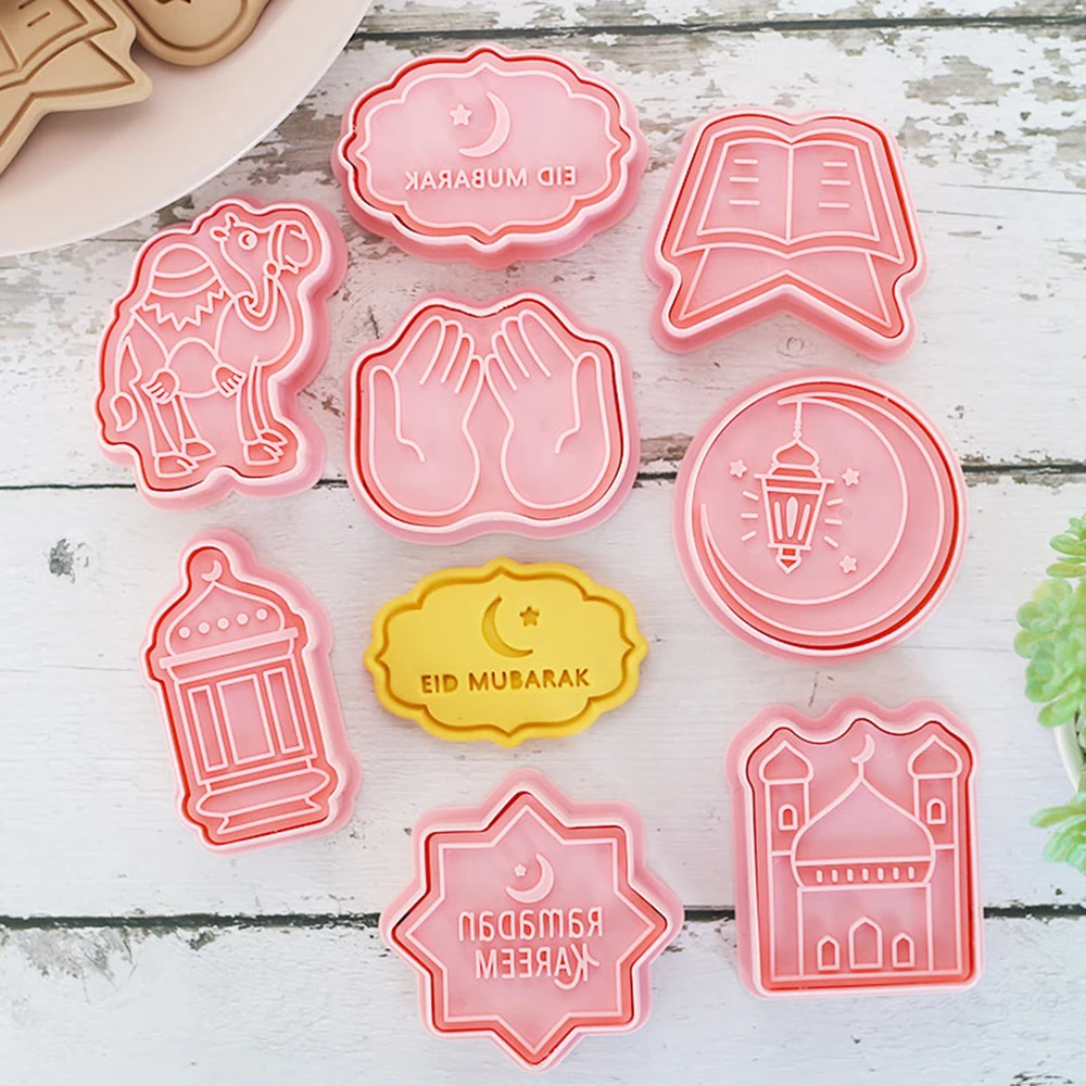 Eid Mubarak Cookie Cutters Ramadan Decoration Plastic Pressable Biscuit Mold Cookie Fondant Stamp Kitchen Baking Pastry Bakeware