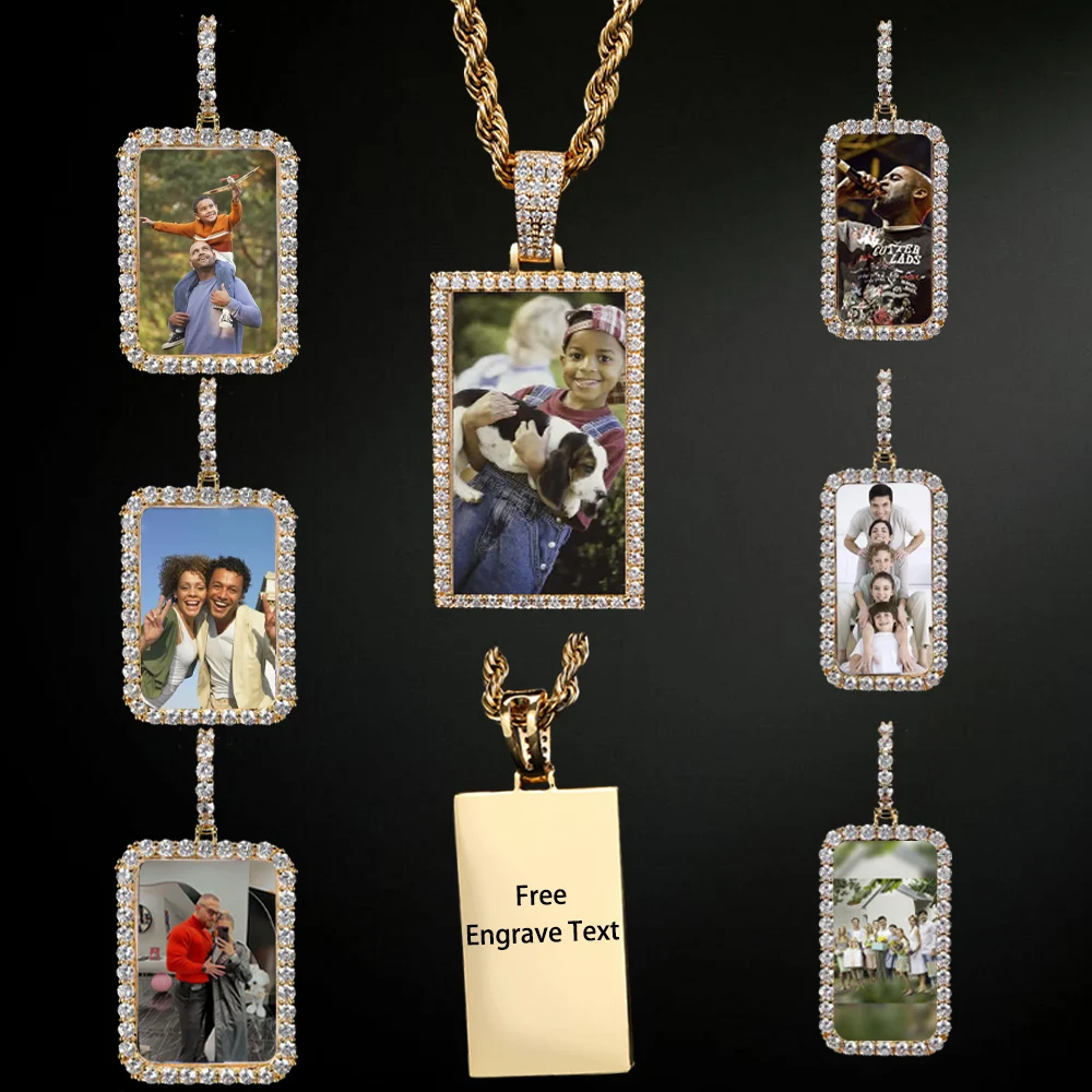 Custom Iced Out Square Picture Necklace for Men Personalized Medallions Rectangle Photo Pendant Free Engrave Hip Hop Jewelry engrave real 925 solid dog tag necklace custom personalized men leather chain necklace engrave words stamp necklace jewelry