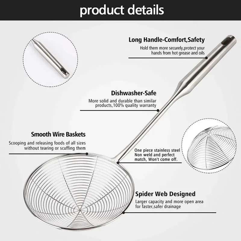 304 Stainless Steel Spider Strainer Skimmer Ladle for Cooking & Frying, Wire Mesh Spoons with Long Handle - Kitchen Gadgets