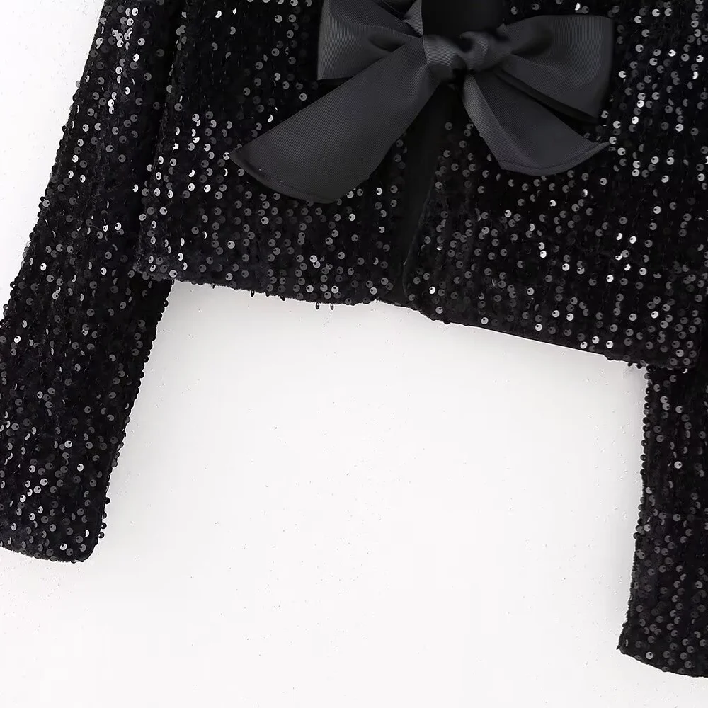 Winter New Women's Fashion, Casual, Sweet and Versatile Bow Tie with Sequin Top