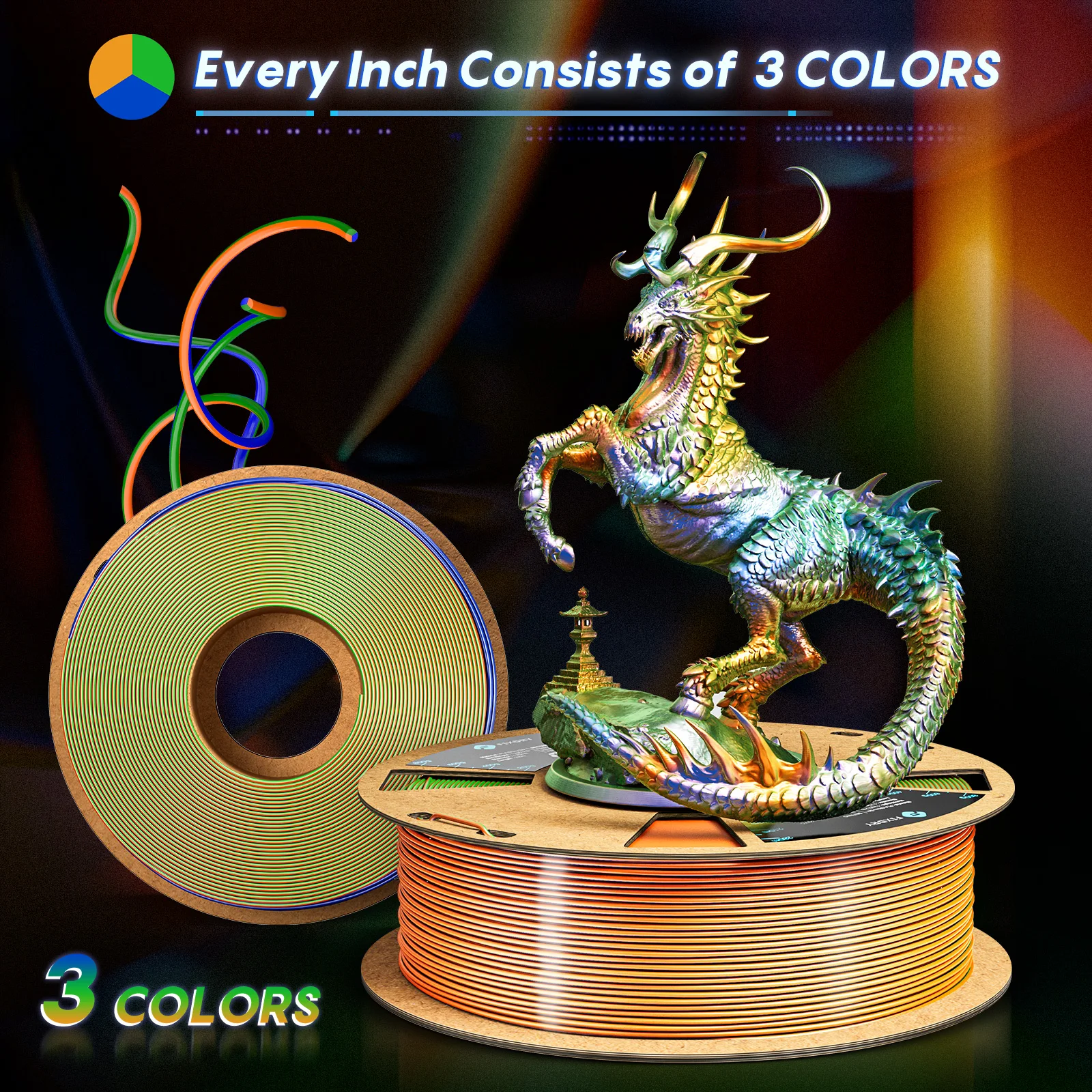 DD Silk PLA Filament Multicolor, 3D Printer Filament Tricolor PLA Filament  1.75mm Silk Red-Green-Blue Fit for Most FDM 3D Printers 