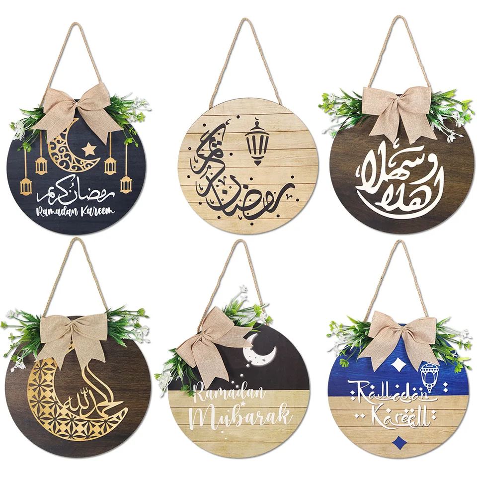 Ghirlanda In Legno Ramadan Kareem Con Corona E Fiocco – Decorazione Da Porta O Parete Oro E Bianco