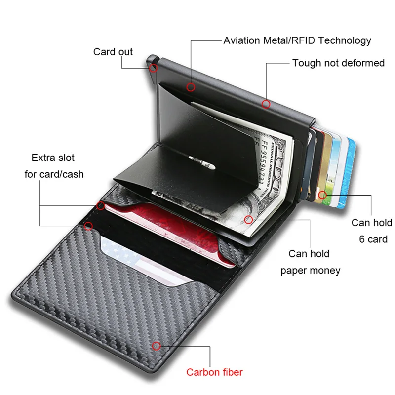 

Custom Card Holder Men Wallets Rfid Black Carbon Fiber Leather Minimalist Wallet Gifts for Men Personalized Carteira Masculina