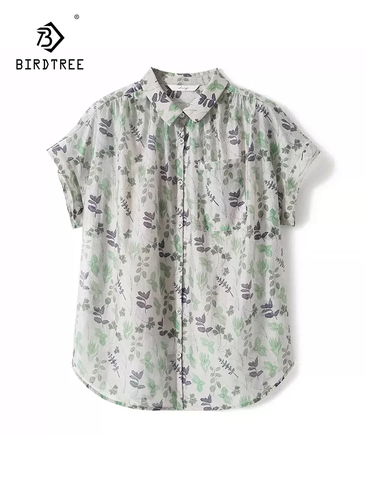

Элегантная рубашка BirdTree на бретельках из 92% шелка тутового шелкопряда, Женская Повседневная Блузка с коротким рукавом и отложным воротником, с принтом, для отдыха, для лета, 2024, T46160QC
