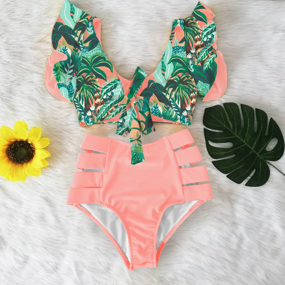 Sexy Shoulder Ruffle Swimwear Women Swimsuit High Waist Bikini Set Bowknot Push Up Bathing Suit Beachwear Biquini Female