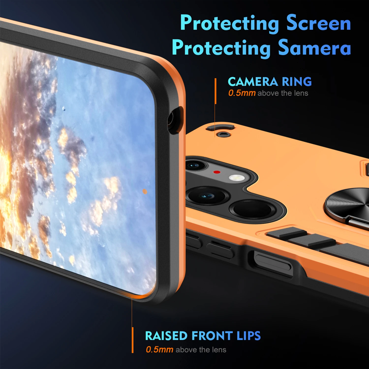 Rugged Armor Shockproof Phone Case with Magnetic Ring Holder and TPU Frame