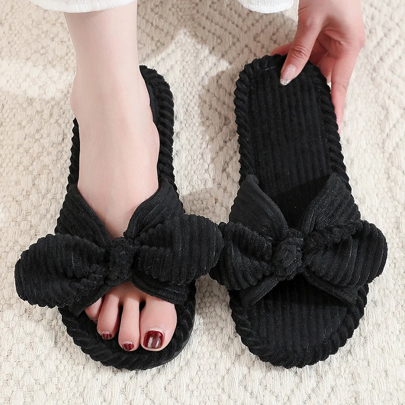 Sweet Bowknot Corduroy Women's Home Slippers Flat Heel Living Room Shoes Women Autumn Winter 2025 Open Toe Indoor Slippers Woman