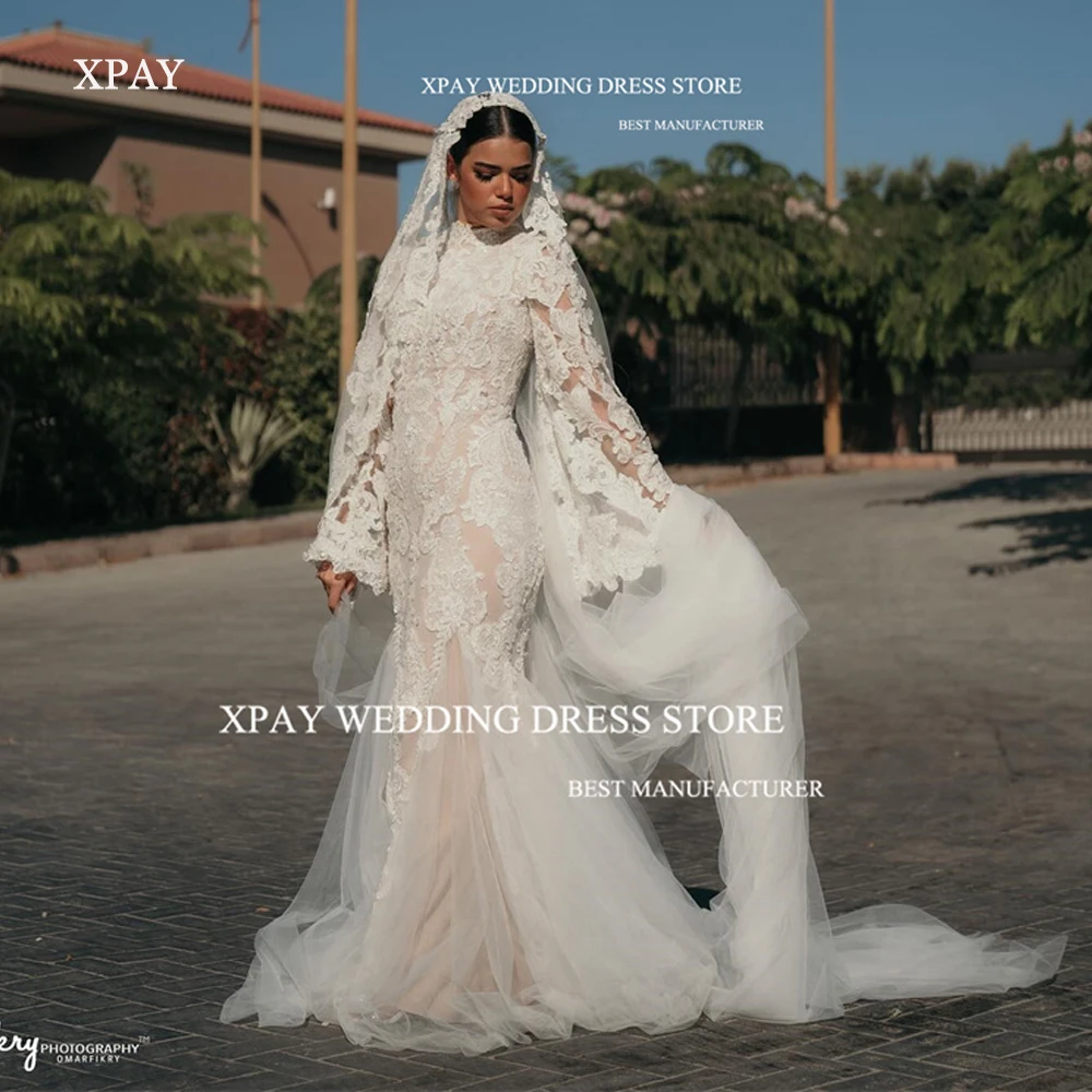 

XPA Modest Dubai Muslim Arabic Women Mermaid Wedding Dresses High neck Lace Applique Long Sleeves Bridal Gowns Vestido de noiva