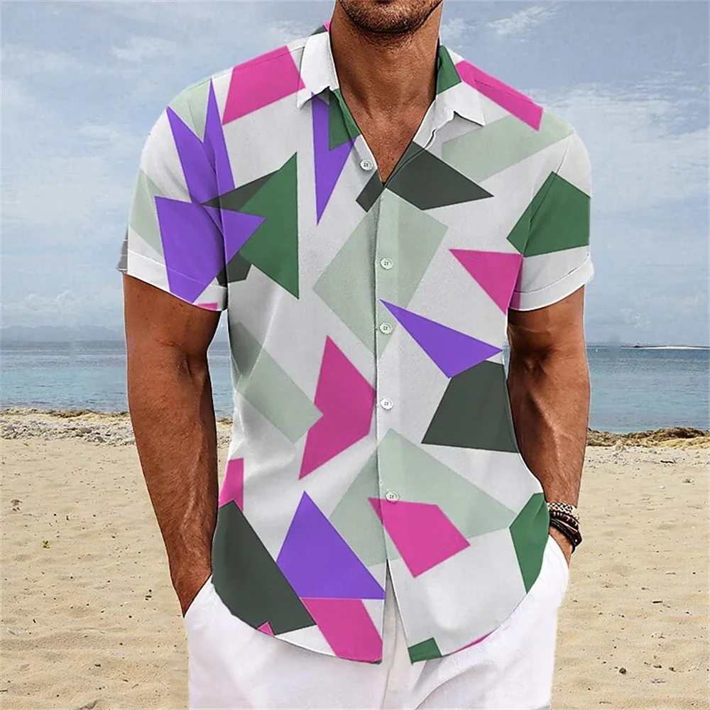 

2024 Summer Men's Short sleeved Retro Single breasted Cardigan Shirt Spliced Square Print Comfortable Soft Men's Top