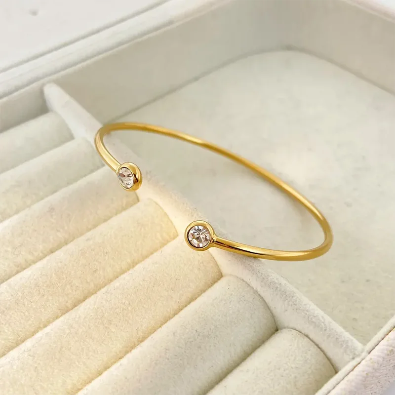Double cz stone open cuff bangles stainless steel bangles for women minimalist dainty stainless steel jewelry new in 2024 4