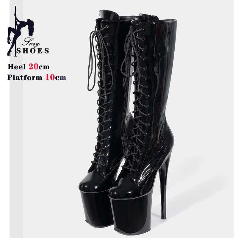 20cm 8 inches Platform Knee-High Women Boots Ultra High Heel Pole Dance Shoes Queen Exotic Stripper Shoes Lace-Up Ladies Heels