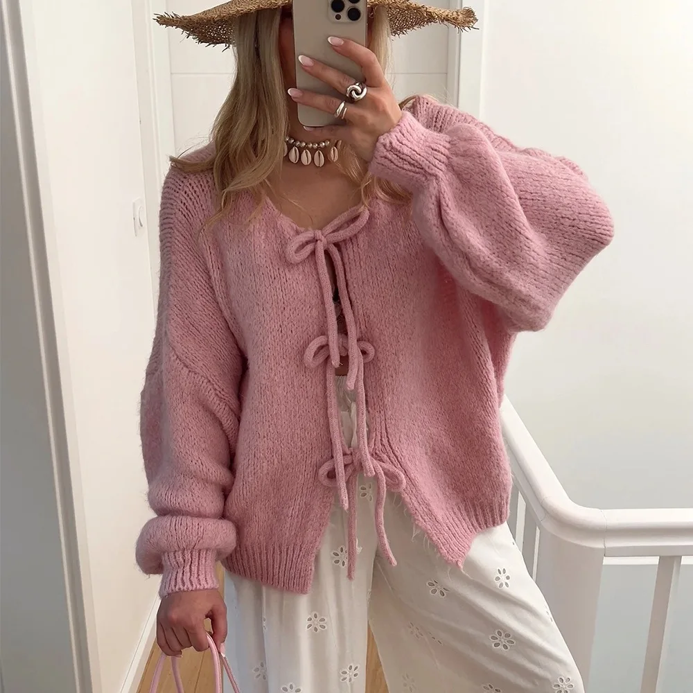 2025 Autumn Women Lace up Cardigans Sweater Fashion Loose O-neck Long Sleeve Open Stitch Sweater Coat Female Knitting Jacket