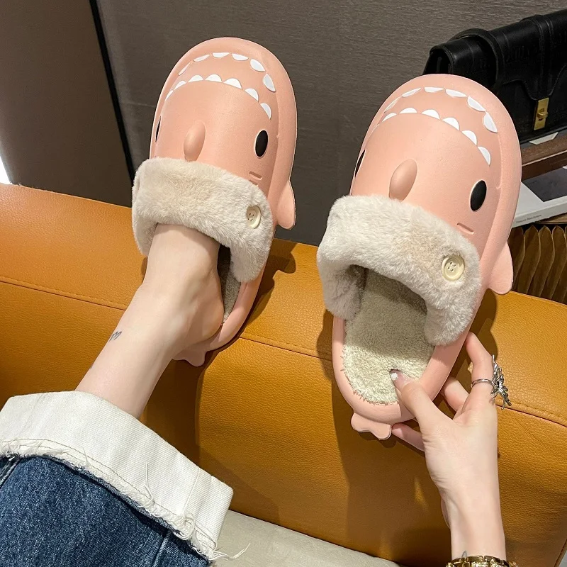 

Autumn Winter Cute Shark Slippers Women Warm Fluffy Slippers Home Indoor Shoes Woman Cozy Fur Slippers Couples Non-slip Slippers