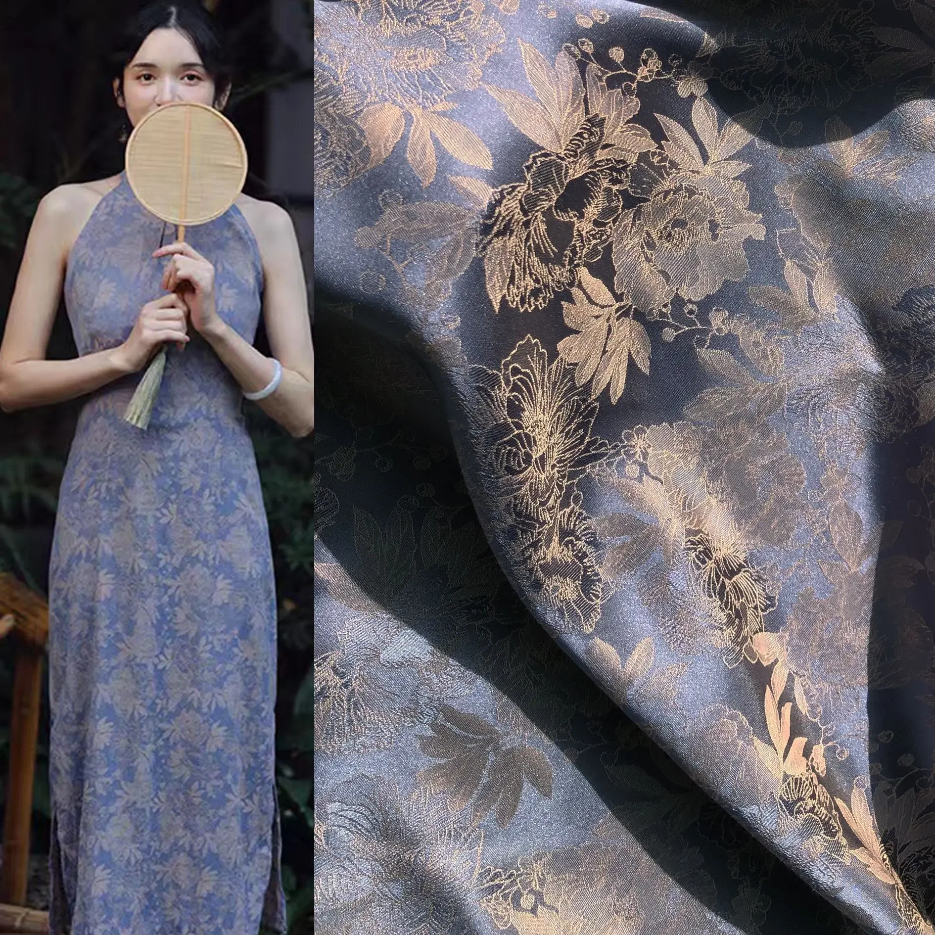 Two-color Embossed Peony Pattern Jacquard Fabric Per Meter for Skirts Pajamas Sewing Printed Skin Friendly Hanfu Cloth Thin Soft 1