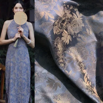 Two-color Embossed Peony Pattern Jacquard Fabric Per Meter for Skirts Pajamas Sewing Printed Skin Friendly Hanfu Cloth Thin Soft 1