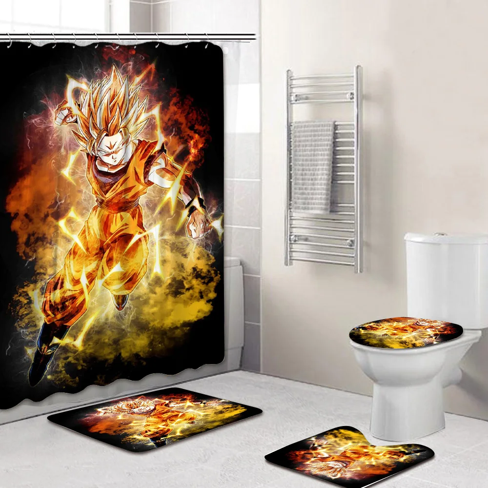 Dragon Ball Z Red Goku Bathroom Rugs Set 4PCS Shower Curtain Toilet Seat Cover 