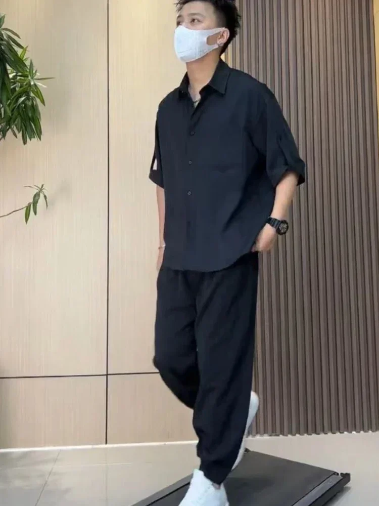 Conjuntos de pantalones y camisetas de nailon para hombre, sin logotipo, conjunto de 2 piezas, moderno conjunto de dos piezas, estilo coreano Kpop 5xl, básico, elegante y moderno S