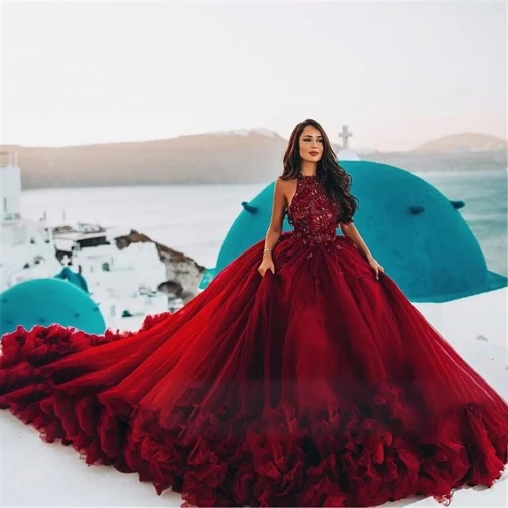 Kadisua wspaniała czerwona suknia ślubna suknia balowa Puff bez rękawów aplikacje na Halter eleganckie damskie formalna okazja Vestidos de Novia